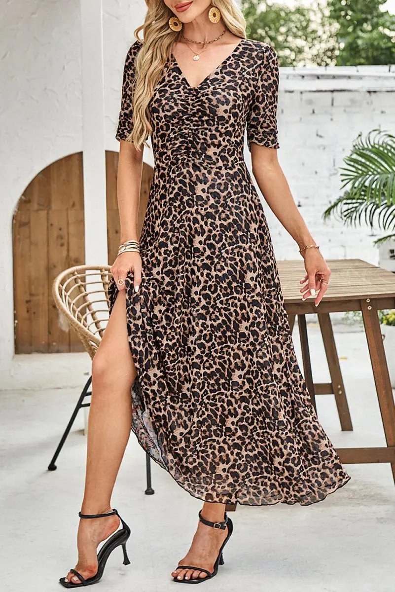 Brown Mesh Leopard Floral Reversible V Neck Short Sleeve Dress - Love Salve